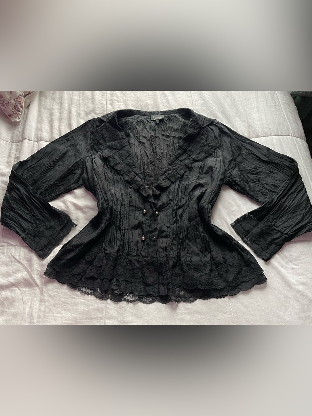 Vintage Black Silk Lace Ruffle Trim Blazer Top Large Victorian Vamp Whimsigoth